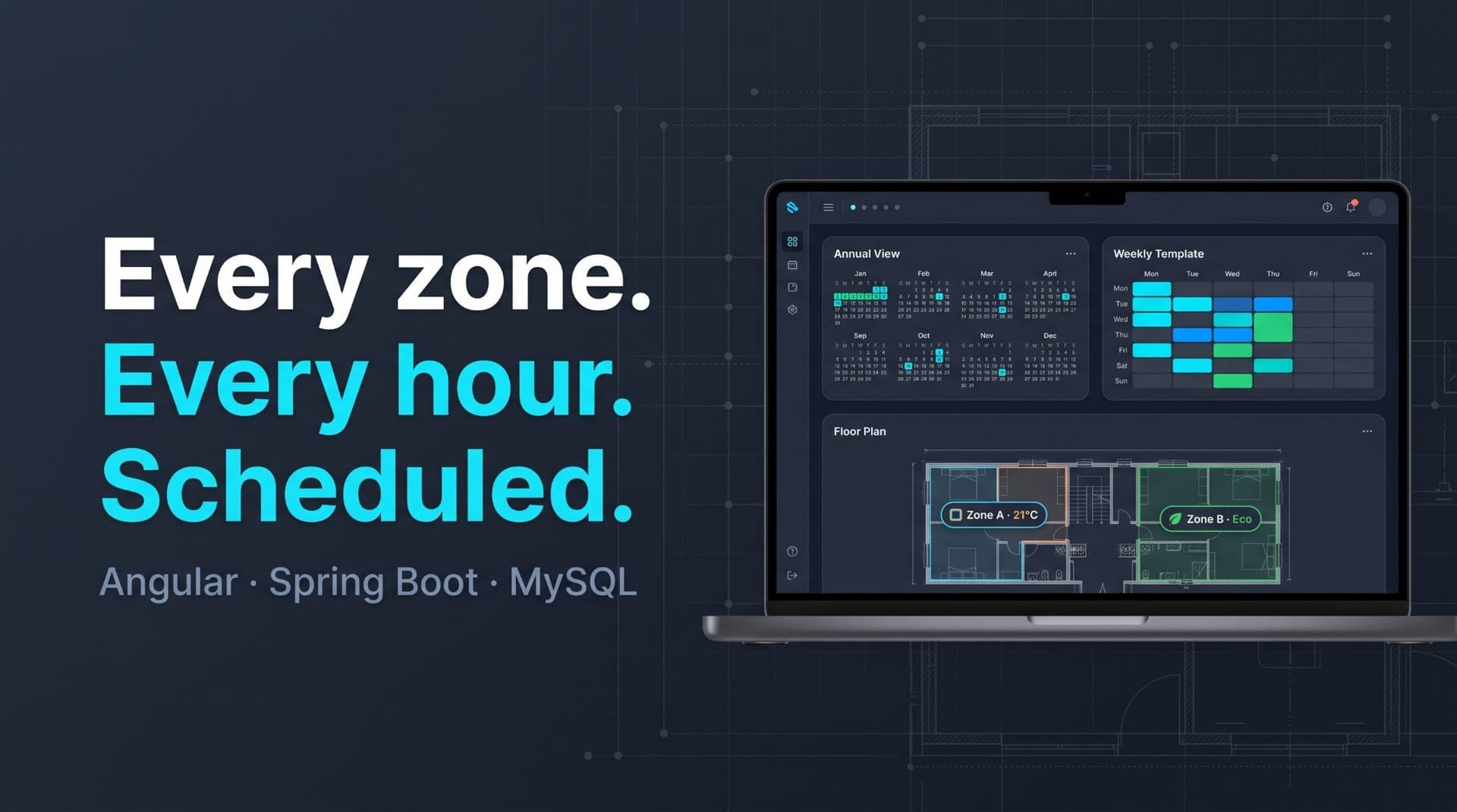 Laptop showing the scheduler: annual calendar, weekly template grid and a floor plan with regulation zones, headline Every zone. Every hour. Scheduled.