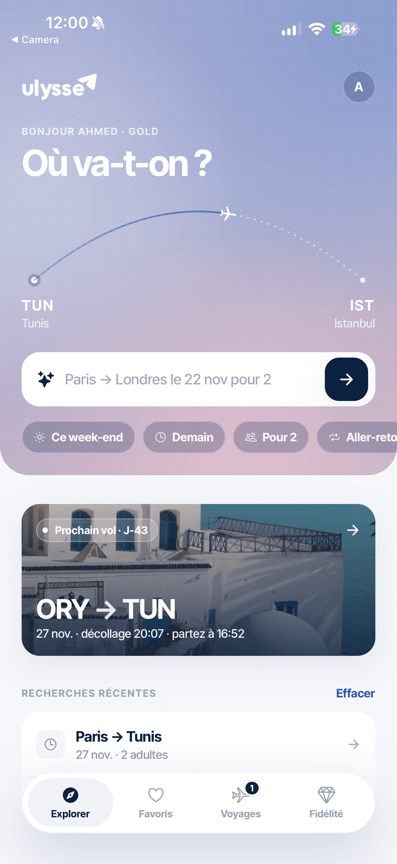 Ulysse home screen: plain-language flight search box, quick filters and the next trip card