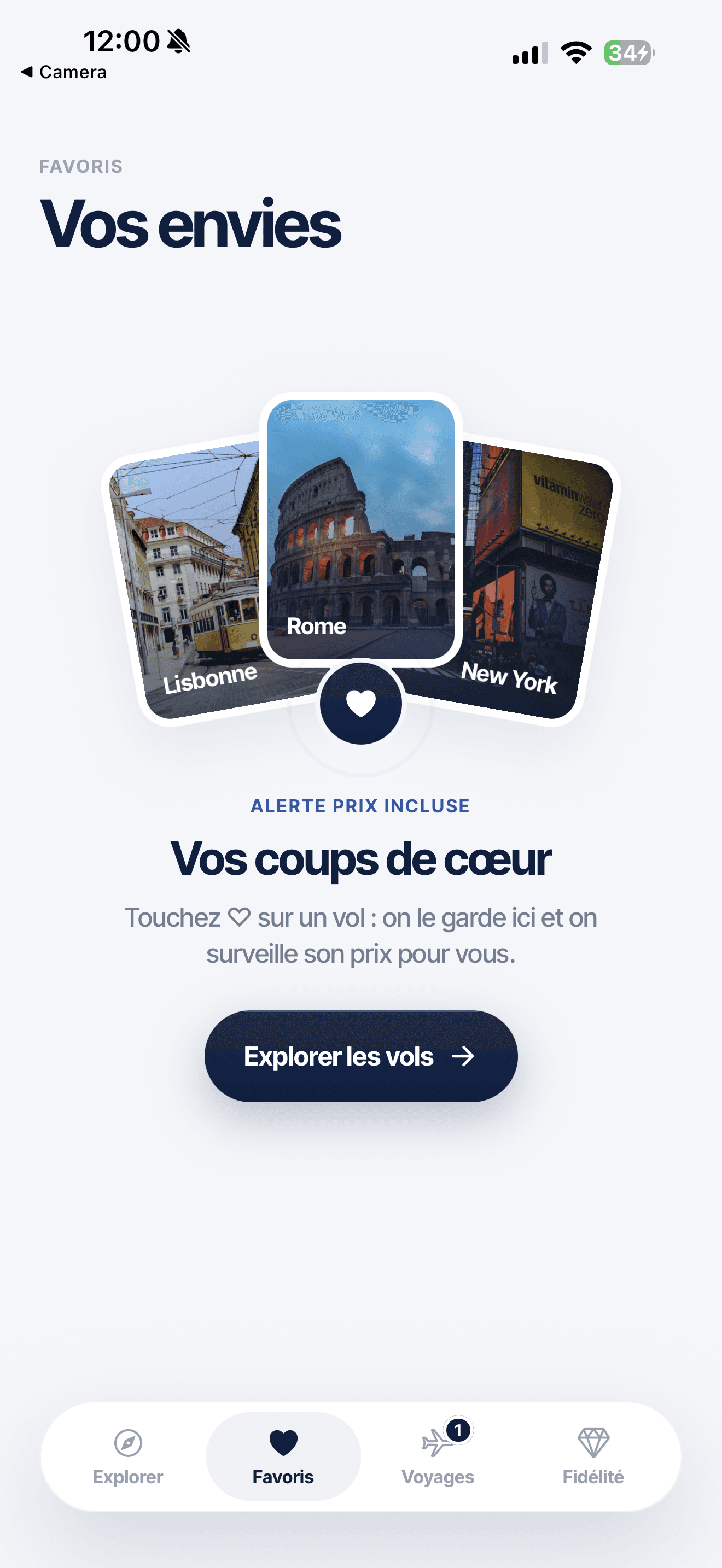 Favorites screen: saved destinations Lisbon, Rome and New York with price alerts