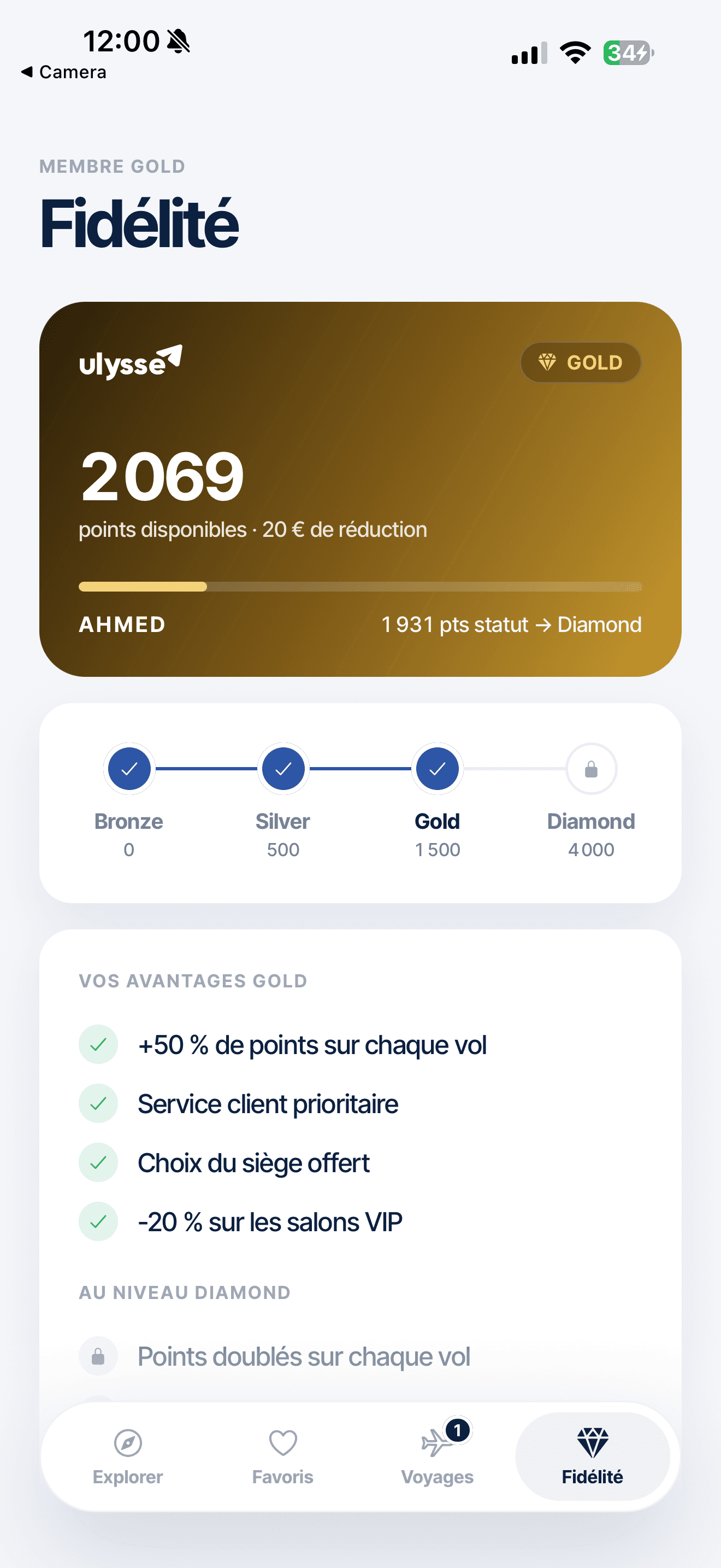 Loyalty screen: Gold member card with points, tier progress and Gold benefits