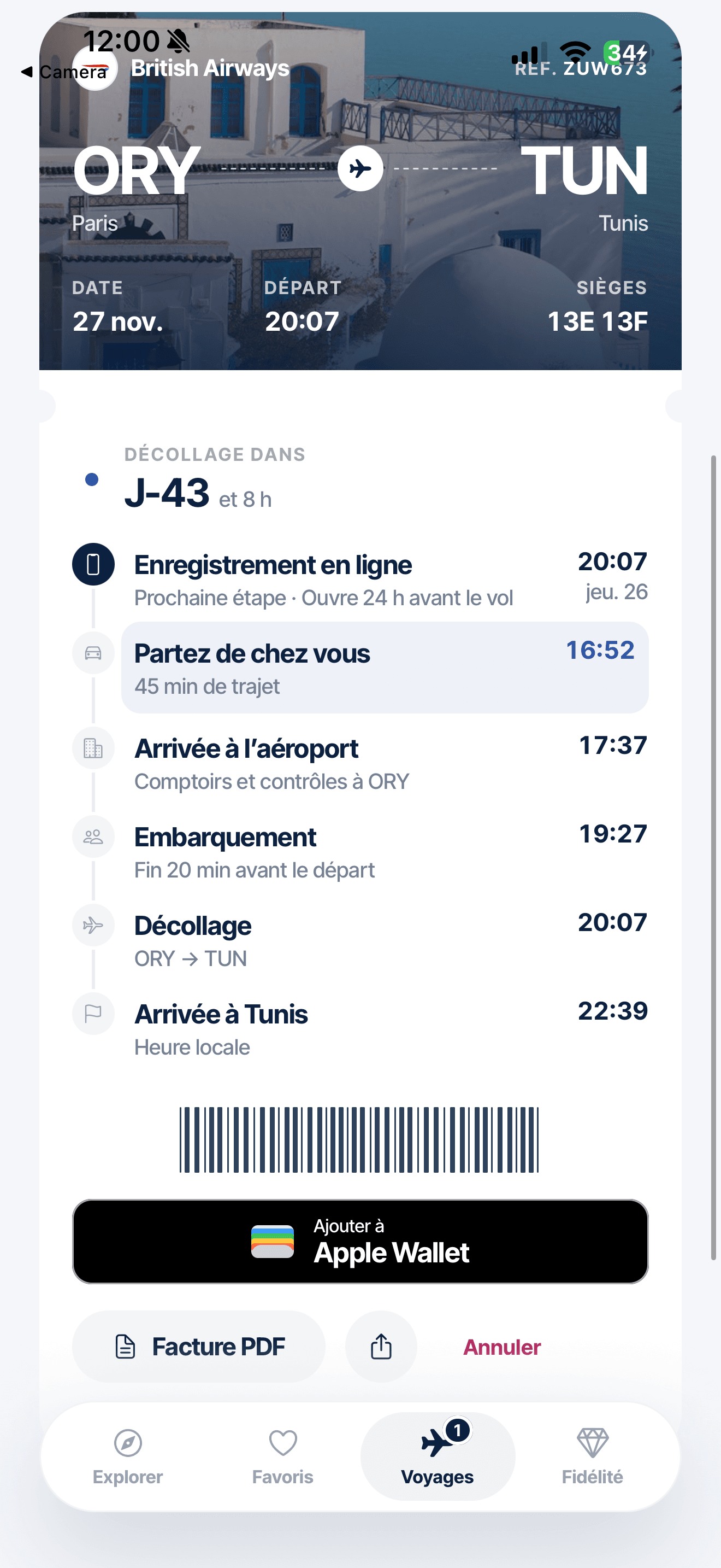 Trip screen: Paris to Tunis boarding pass with a countdown and a step-by-step timeline to departure